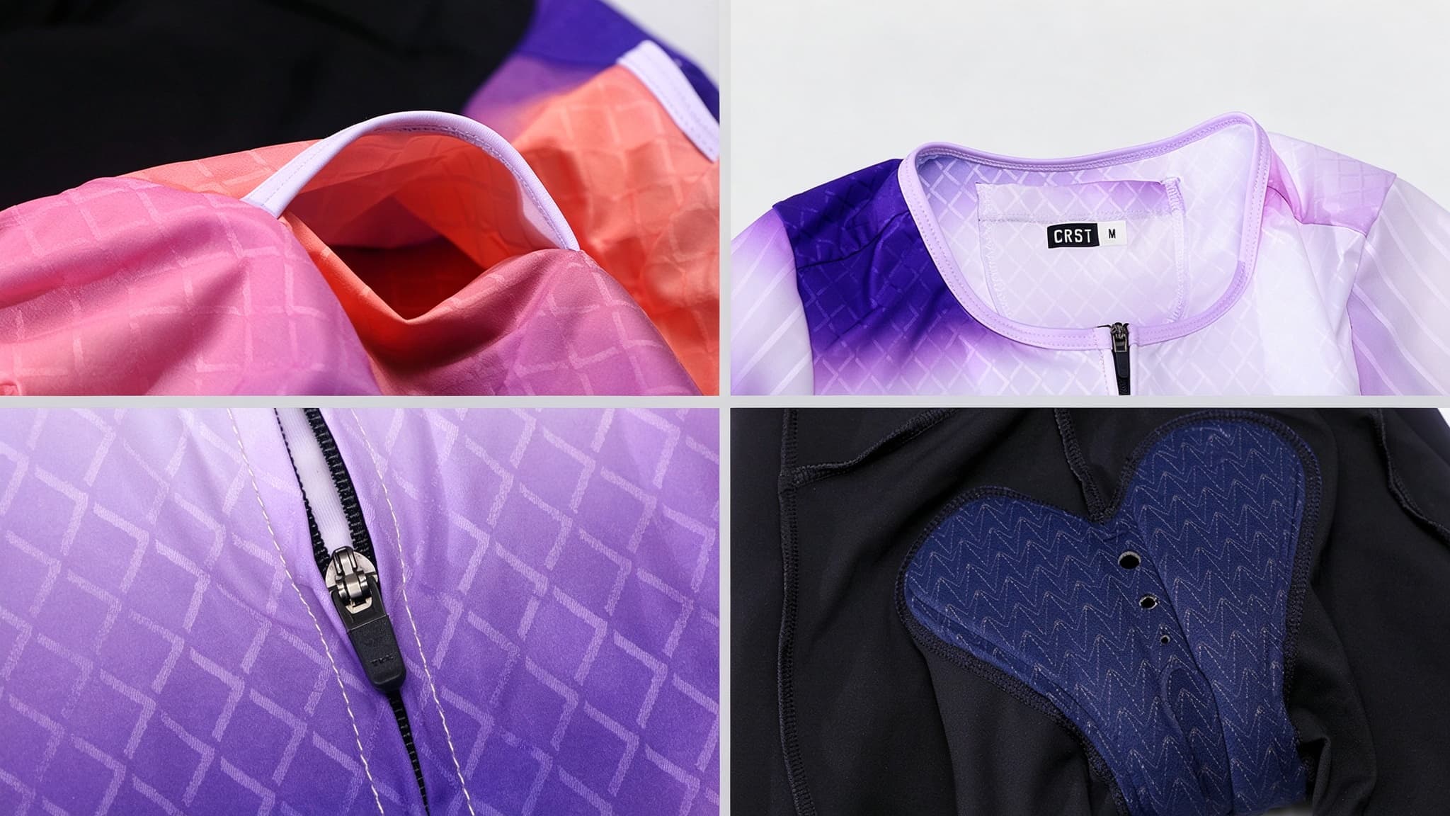 Triathlon suit workmanship close‑up: pocket, zipper, neck label and chamois pad